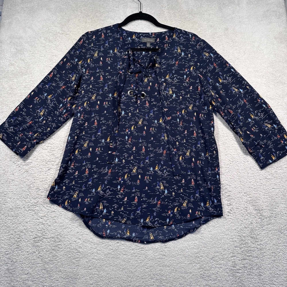 The Limited Sailboat Print Blouse Lace Up 3/4 Sleeve Top Nautical M‎